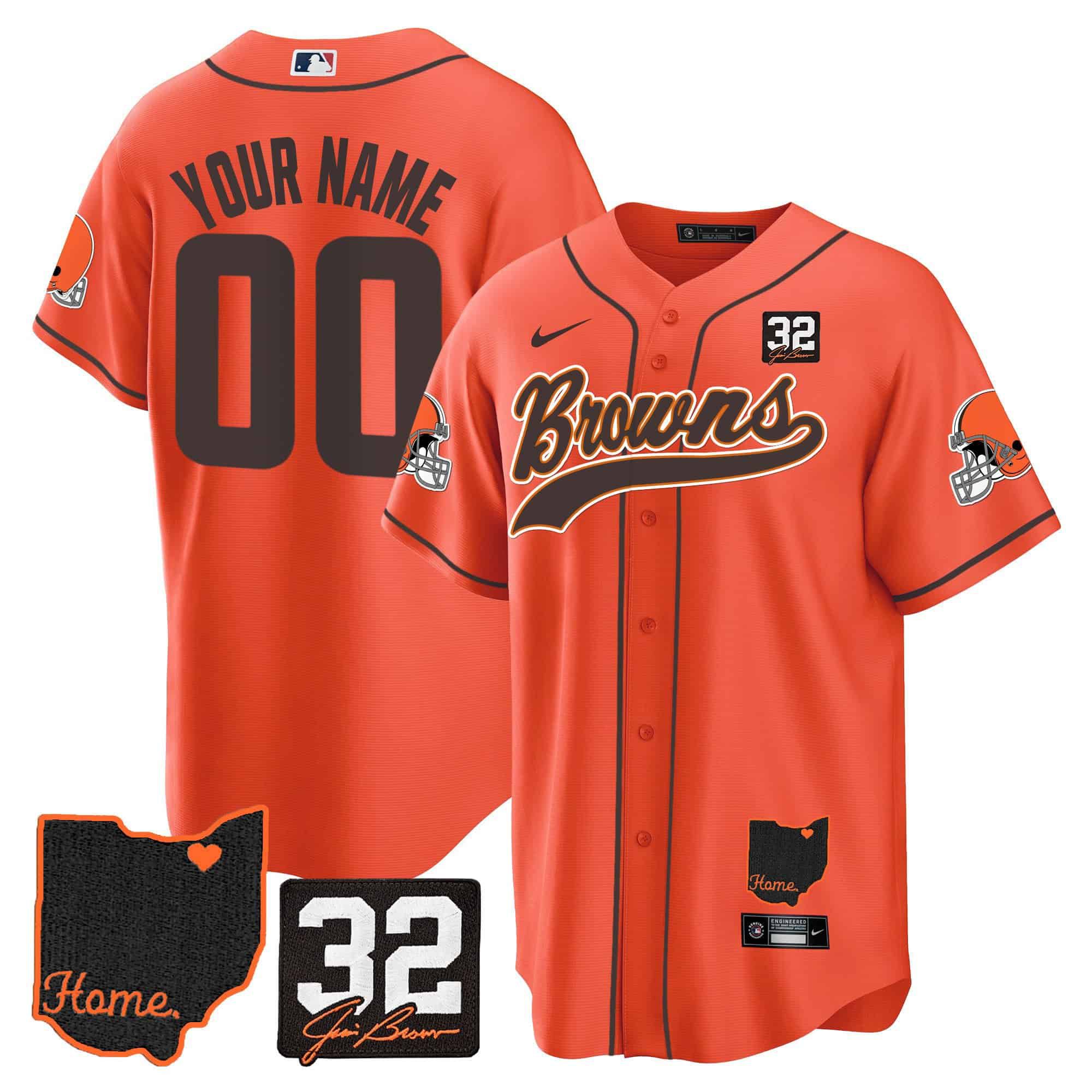 Men Cleveland Browns Orange #32 Jim Brown Memorial Home Patch Baseball Custom 2024 Nike NFL Jersey